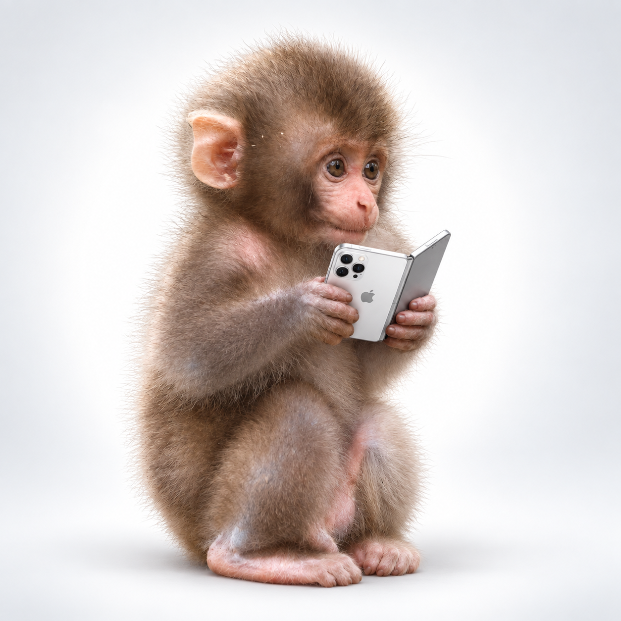 Baby monkey holding a silver smartphone